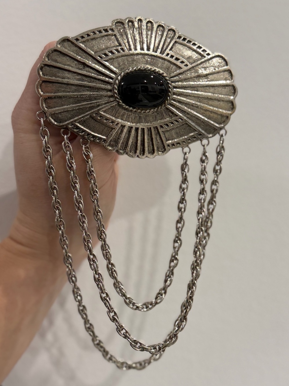 Vintage Silver Brooch with Black Stone and Drape Chains